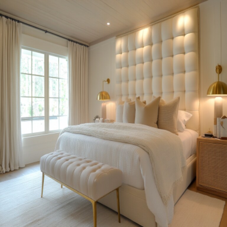 Contemporary Master Bedroom Design with Cream Fabricated Wall Panel